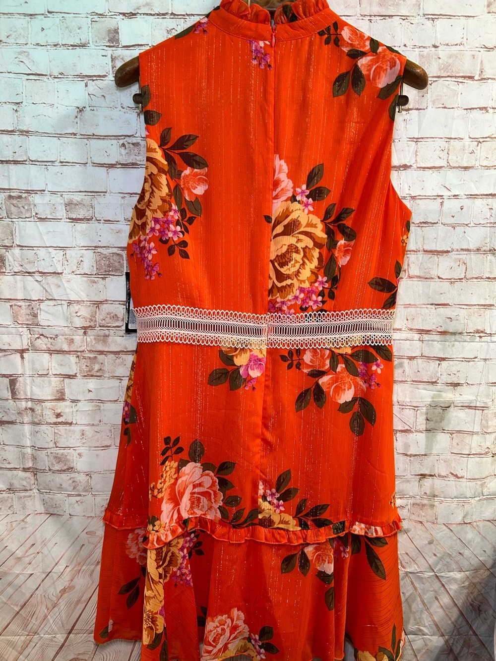 Donna Morgan Sleeveless Orange Floral Tiered Ruffle Lace Eyelet Dress Size 12 - Picture 5 of 8